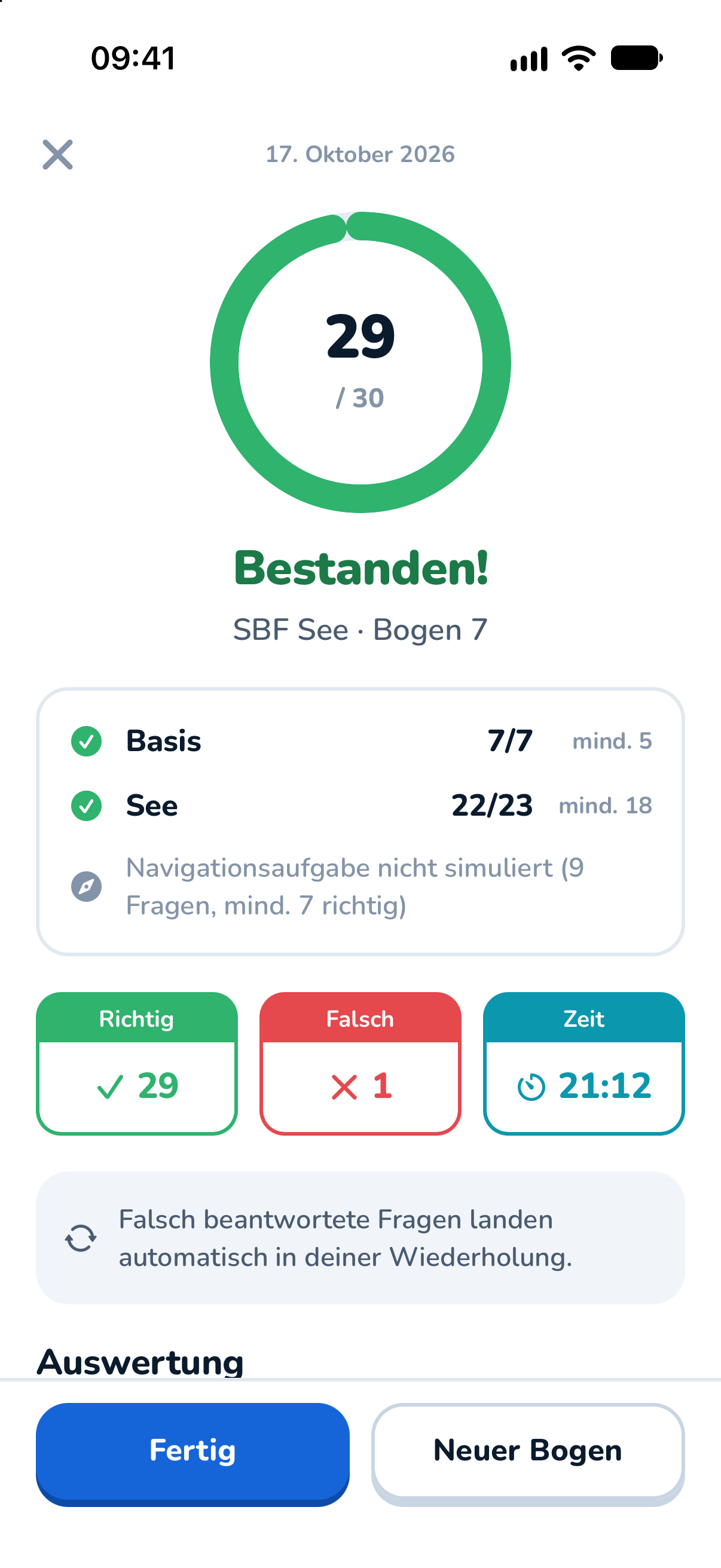 Auswertung eines Prüfungsbogens mit Basisteil und spezifischem Teil