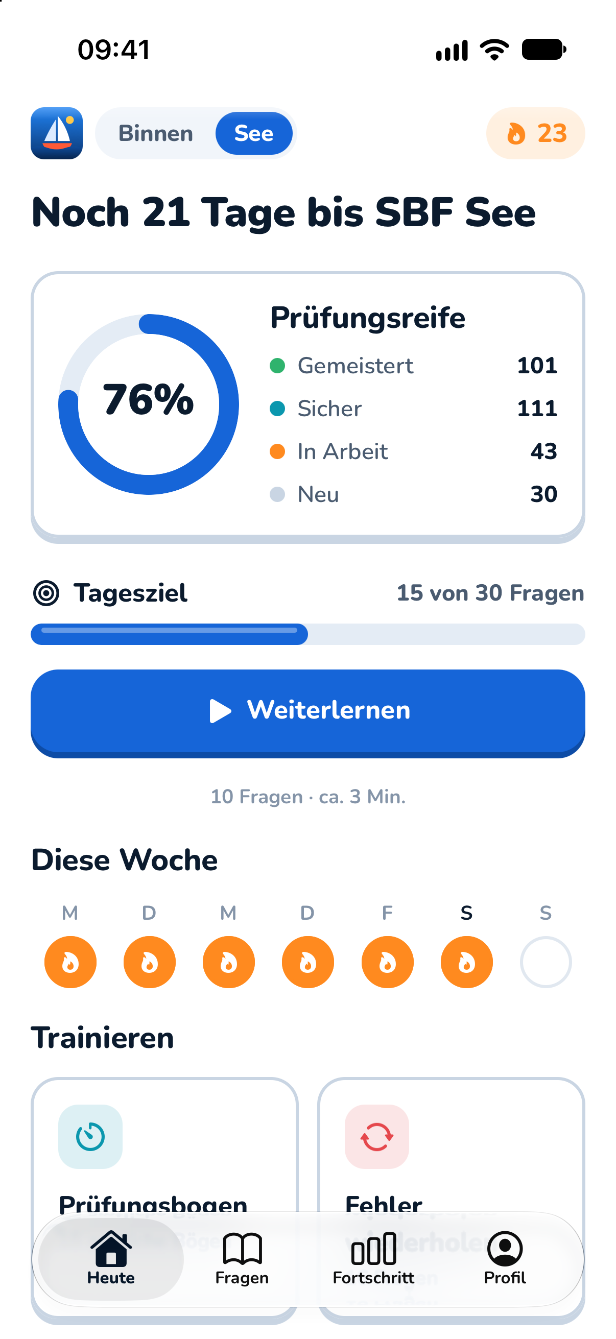 Startbildschirm der App mit Countdown bis zur Prüfung, Tagesziel und Lernstand