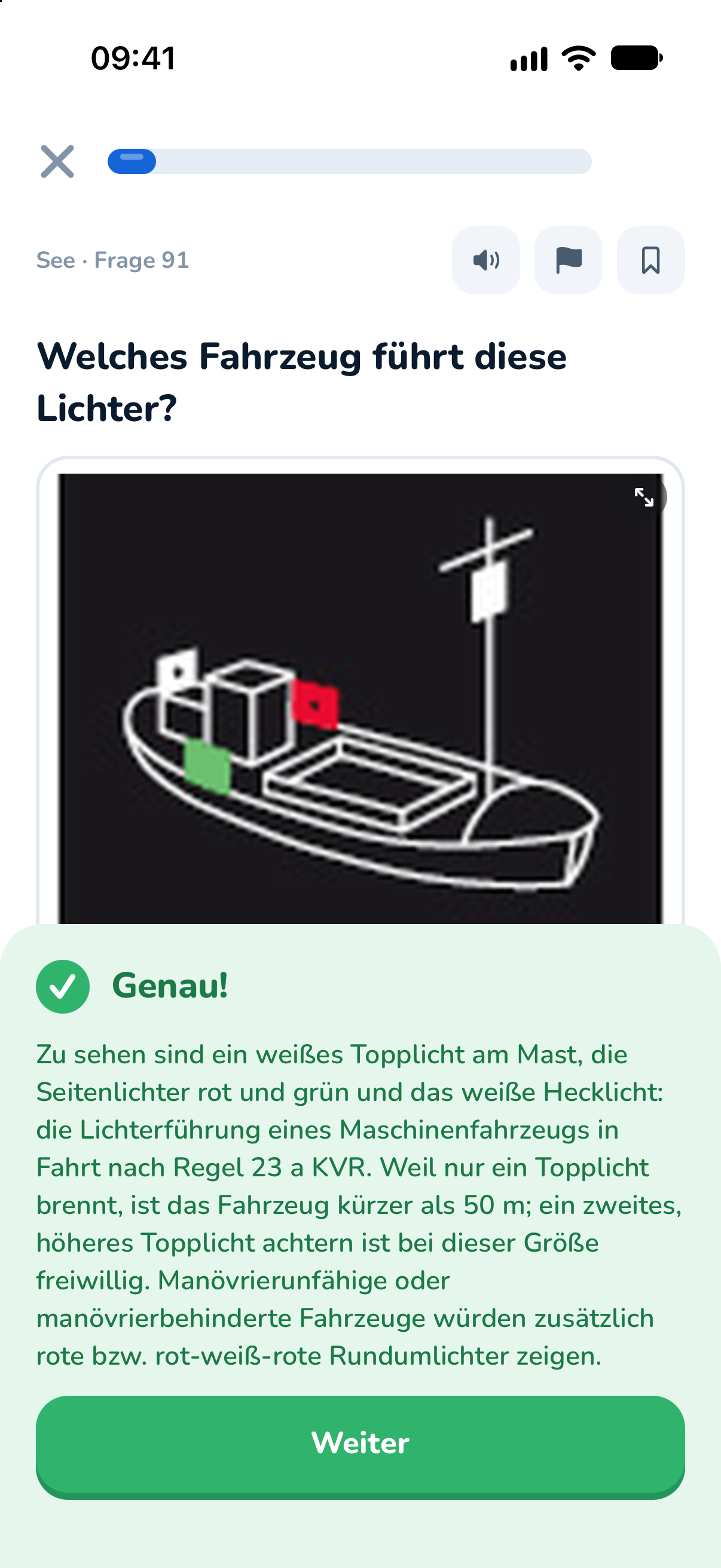 Eine Prüfungsfrage mit Abbildung, gemischten Antworten und Erklärung